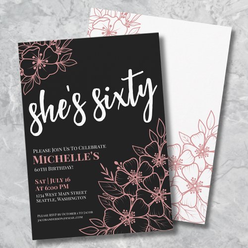 Chic Sixty Black Rose Gold 60th Birthday Party Invitation