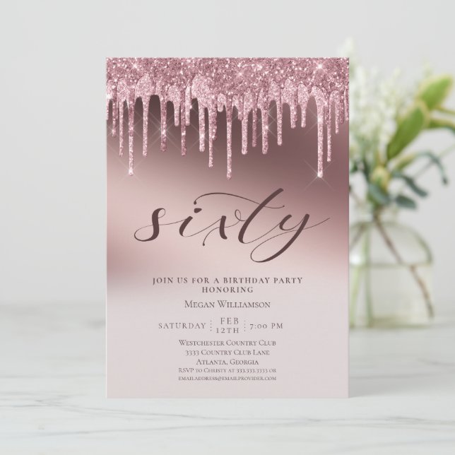 Chic Sixty Surprise Pink Glitter 60th Birthday Invitation (Standing Front)