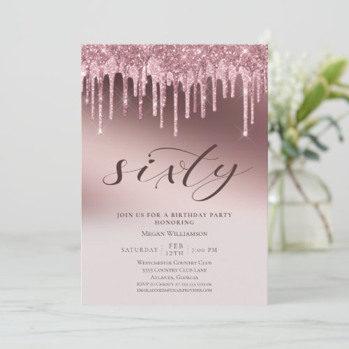 Chic Sixty Surprise Pink Glitter 60th Birthday Invitation