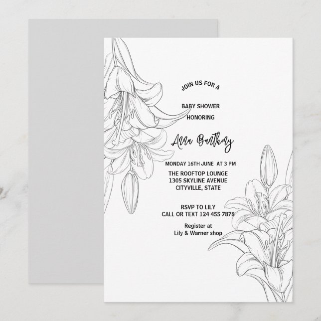 chic sketch line drawing lily floral baby shower invitation (Front/Back)