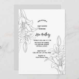 chic sketch line drawing lily floral baby shower invitation