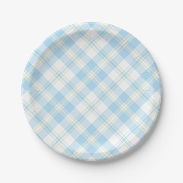 Chic Sky Blue and White Check Paper Plate (Front)