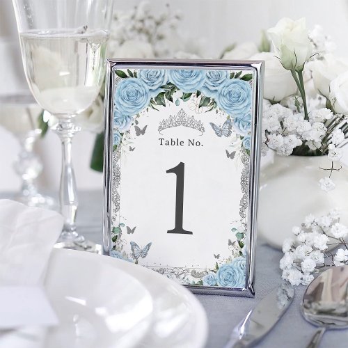 Chic Sky Blue Floral Silver Birthday Quinceanera Table Number