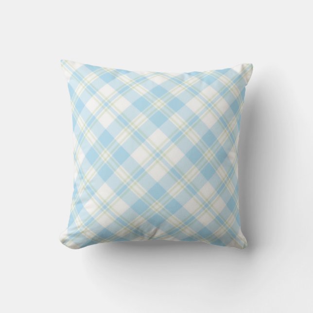 Chic Sky Blue, Green and White Check Pattern Throw Pillow (Front)