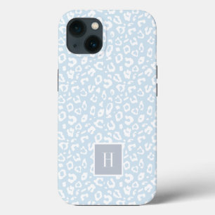 Chic Sky Blue Leopard Print Monogram iPhone 13 Case