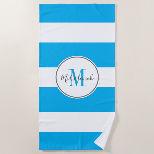 Chic Sky Blue White Stripes Monogram Personalized Beach Towel