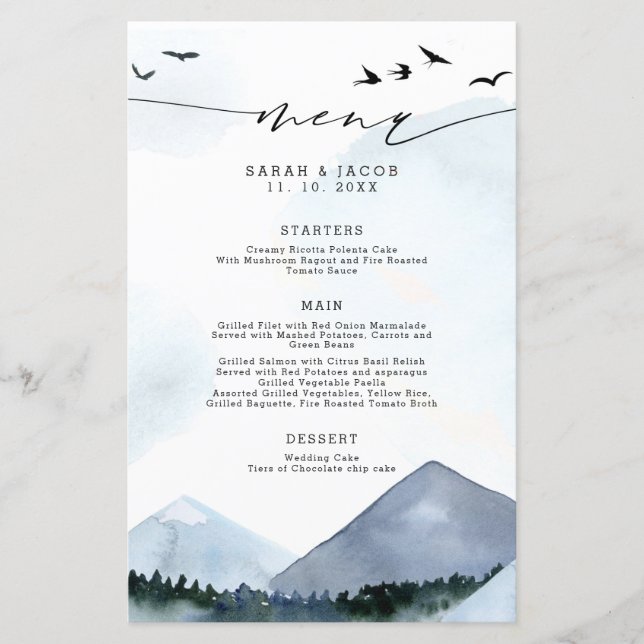 Chic Slate Blue Mountains Script Wedding Menu (Front)