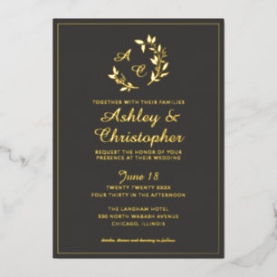 Chic Slate Gray Leaf Monogram Photo Wedding Gold Foil Invitation