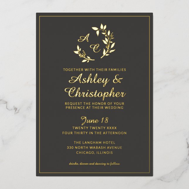 Chic Slate Gray Leaf Monogram Photo Wedding Gold Foil Invitation (Front)