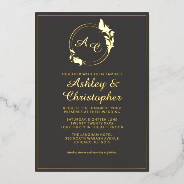Chic Slate Gray Leaf Monogram Photo Wedding Gold Foil Invitation (Front)
