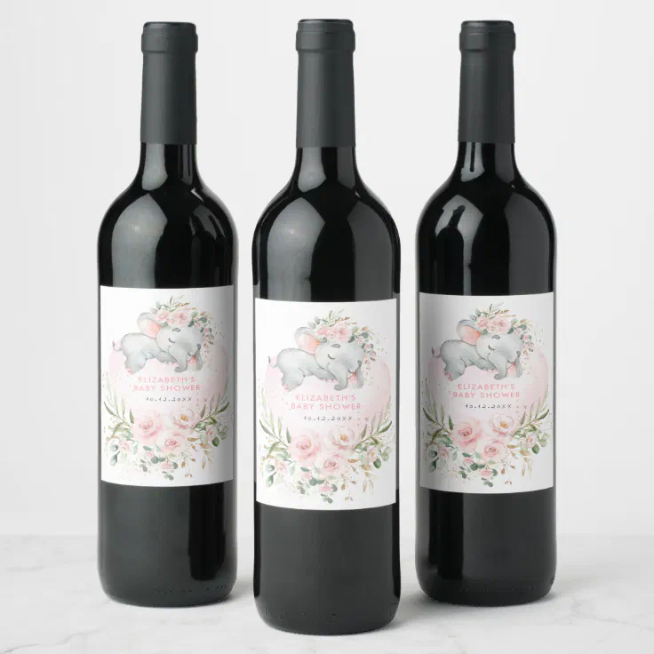 Chic Sleeping Elephant Blush Pink Floral Baby Girl Wine Label ...