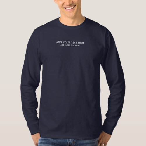 Chic Small Font Mens Long Sleeve Navy Blue Custom T_Shirt