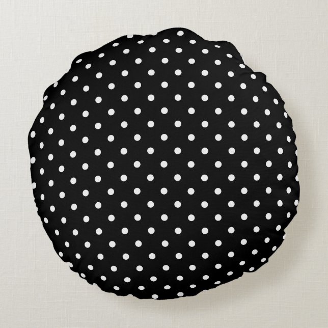 Chic Small White Polka dots black background Round Pillow (Back)