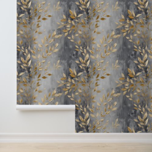 Chic Smoky Grey Gold Leaves Wallpaper