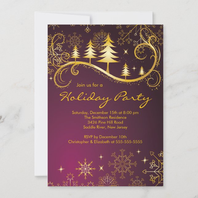 Chic Snowflakes Christmas Trees Holiday Party Invitation (Front)