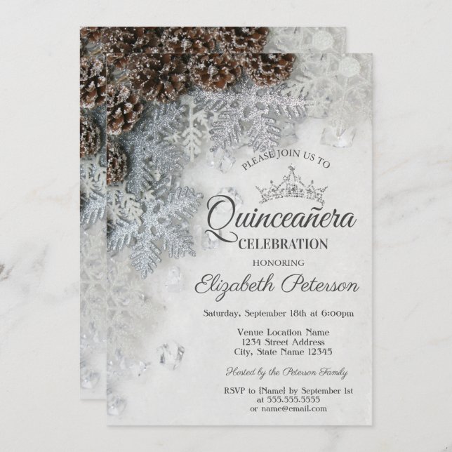 Chic Snowflakes Pine Cones Quinceañera  Invitation (Front/Back)