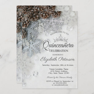 Chic Snowflakes Pine Cones Quinceañera Invitation