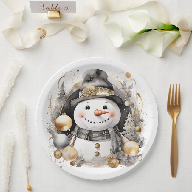 Chic Snowman: Black and Gold Holiday Charm Paper Plates (Wedding)