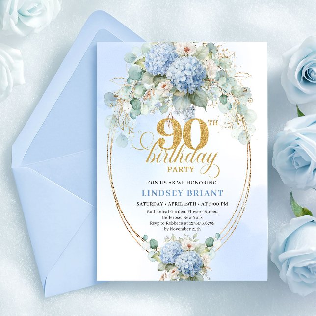 Chic Soft Blue Floral Eucalyptus 90th Birthday Invitation (Chic Soft Blue Floral Eucalyptus 90th Birthday)