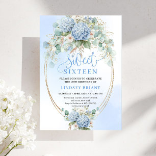 Chic Soft Blue Floral Gold Sweet 16 Birthday Party Invitation