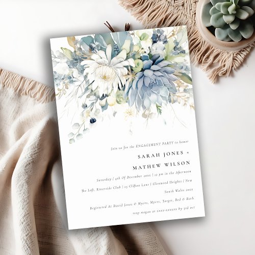 Chic Soft Blue Green Succulent Floral Engagement  Invitation
