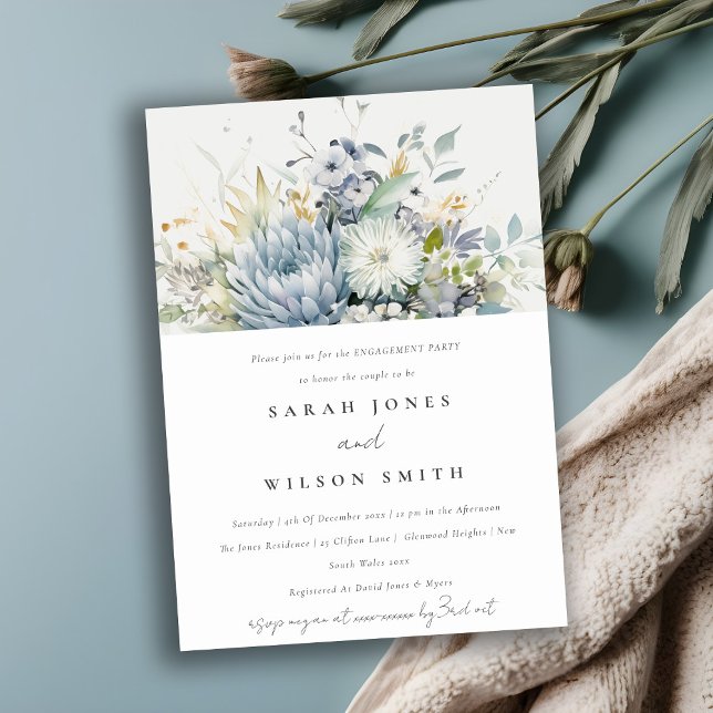 Chic Soft Blue Green Succulent Floral Engagement  Invitation (Creator Uploaded)