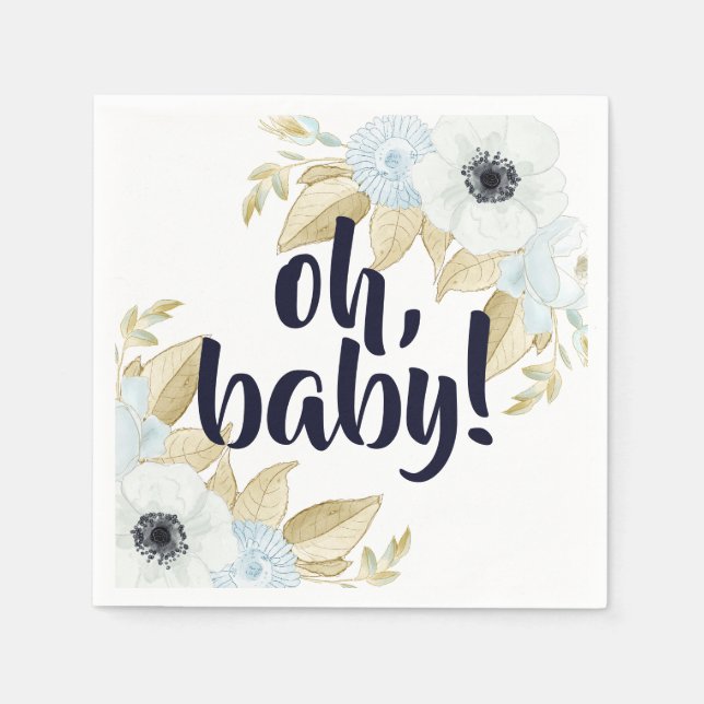 Chic Soft Blue & White Floral Baby Shower Napkins (Front)