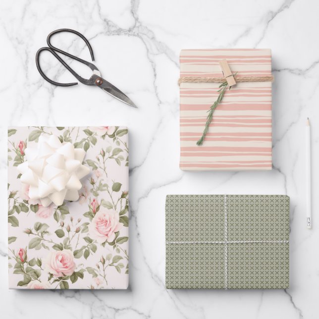 Chic Soft Blush Floral Wrapping Paper Sheets (Front)