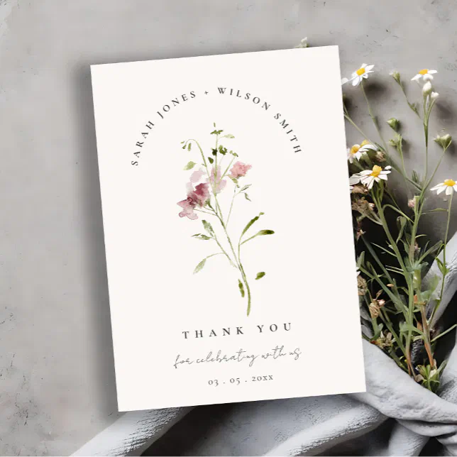 Chic Soft Blush Meadow Watercolor Floral Wedding Thank You Card | Zazzle