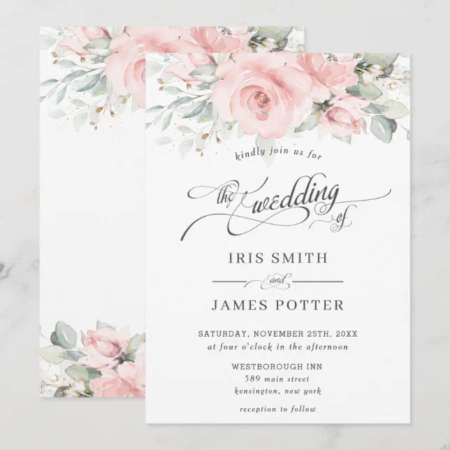 Chic Soft Blush Pink Floral Greenery Wedding Invitation | Zazzle