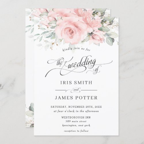 Chic Soft Blush Pink Floral Greenery Wedding Invitation