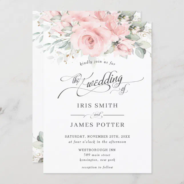 Chic Soft Blush Pink Floral Greenery Wedding Invitation | Zazzle