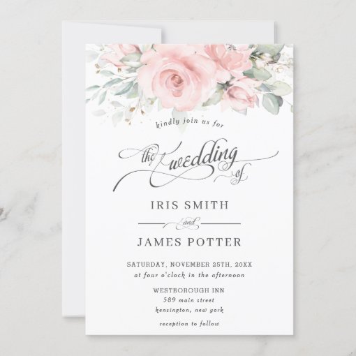 Chic Soft Blush Pink Floral Greenery Wedding Invitation | Zazzle