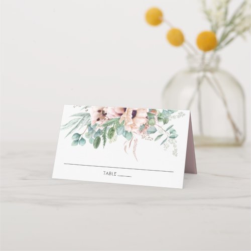 Chic Soft Blush Pink Floral Greenery Wedding Place Card