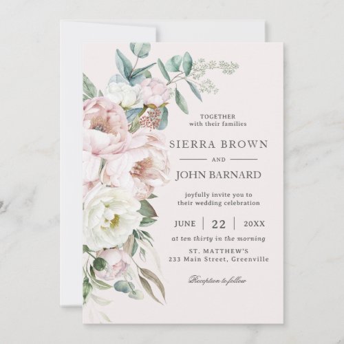 Chic Soft Blush Pink Ivory Peonies Floral Wedding Invitation