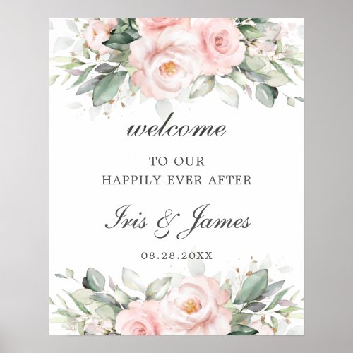 Chic Soft Blush Pink Roses Floral Wedding Welcome  Poster