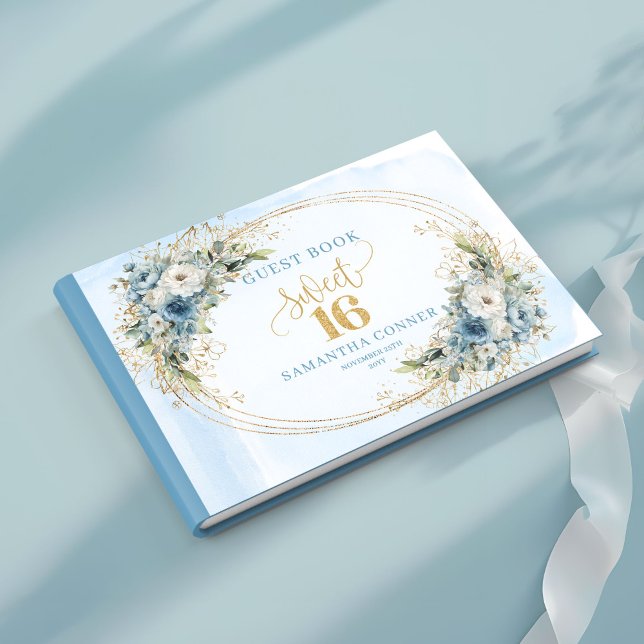 Chic Soft Dusty Blue Floral Gold Sweet Sixteen Guest Book (Soft Dusty Blue Floral Gold Sweet Sixteen Guest Book)