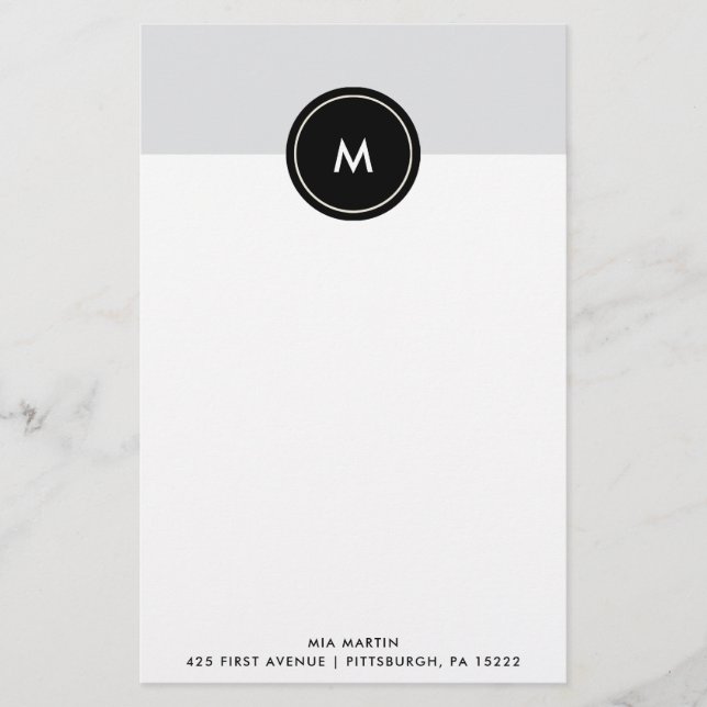 Chic Soft Gray and Black | Monogram Stationery (Front)