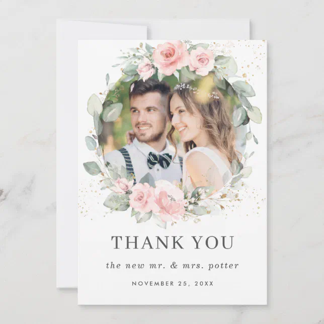 Chic Soft Hued Blush Pink Floral Greenery Photo Thank You Card | Zazzle