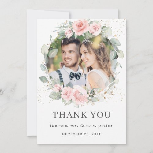 Chic Soft Hued Blush Pink Floral Greenery Photo  Thank You Card