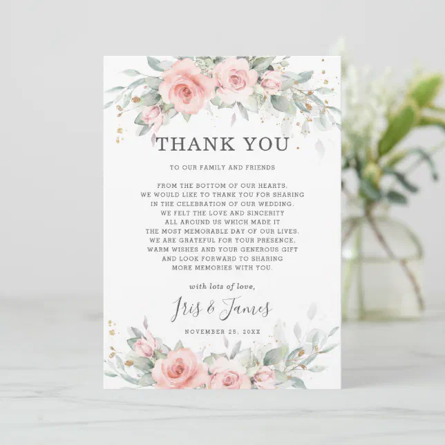 Chic Soft Hued Blush Pink Floral Greenery Wedding Thank You Card | Zazzle