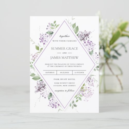  Chic Soft Lilac Purple Floral Greenery Wedding  I Invitation