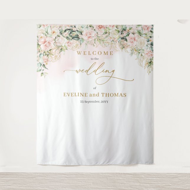 Chic soft pastel pink roses wedding backdrop (Front)