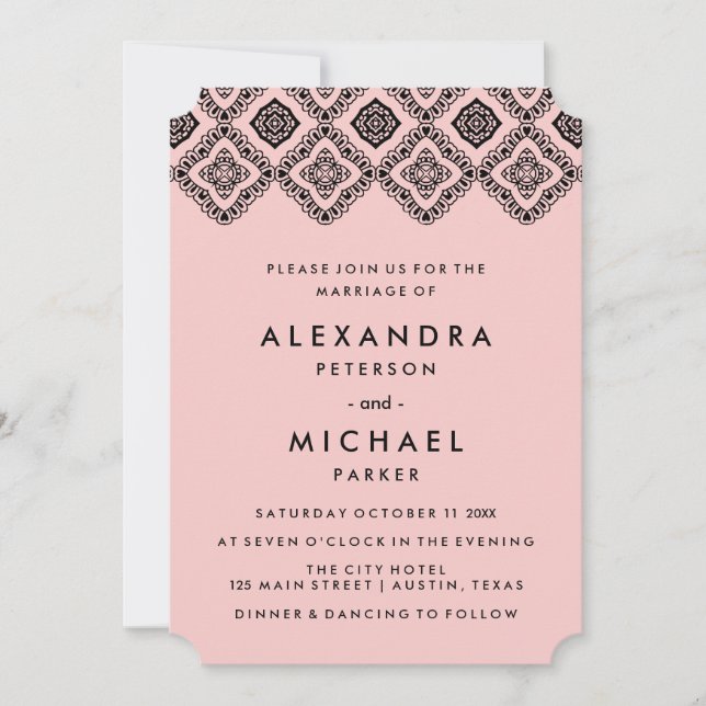 Chic Soft Pink and Black Wedding Eastern Pattern Invitation (Front)