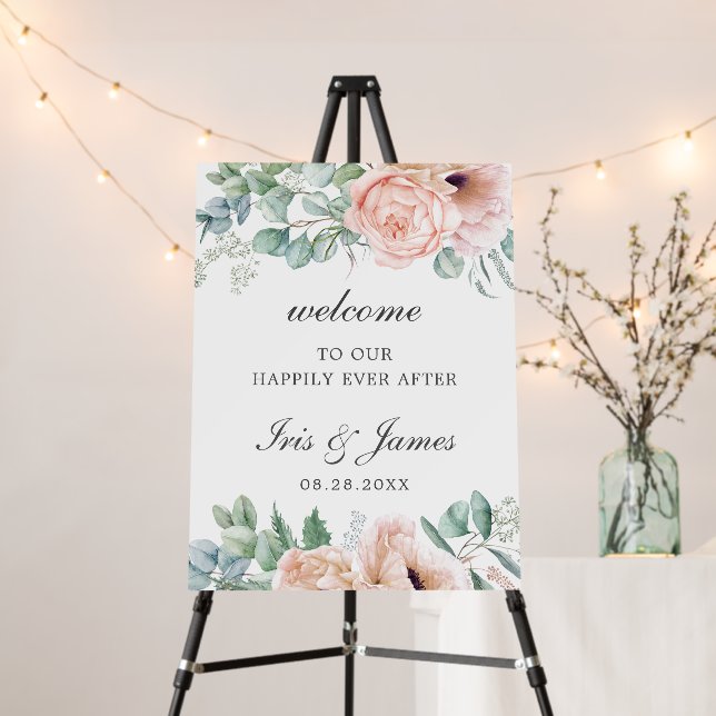 Chic Soft Pink Blush Rose Floral Wedding Welcome   Foam Board (In Situ (Stand))