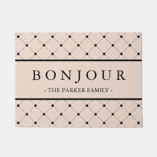Chic Soft Pink Bonjour with Black Dotted Pattern Doormat