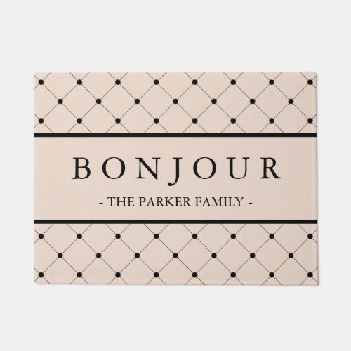 Chic Soft Pink Bonjour with Black Dotted Pattern Doormat