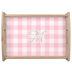 Chic soft pink gingham monogram name  serving tray
