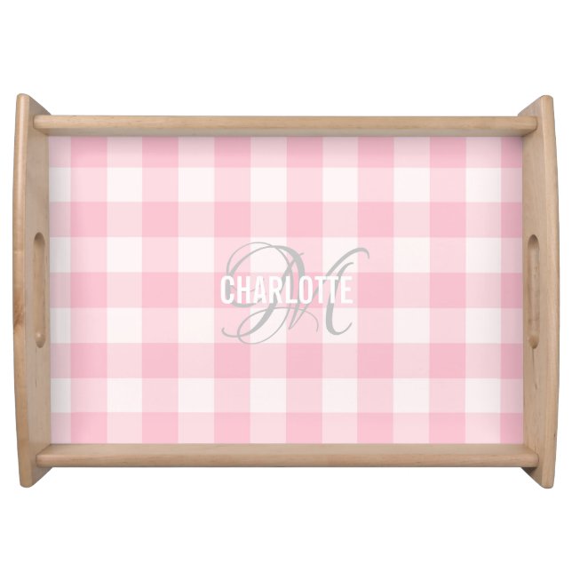 Chic soft pink gingham monogram name  serving tray (Front)