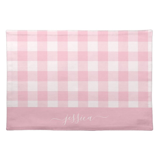 Chic soft pink gingham script name  cloth placemat (Front)